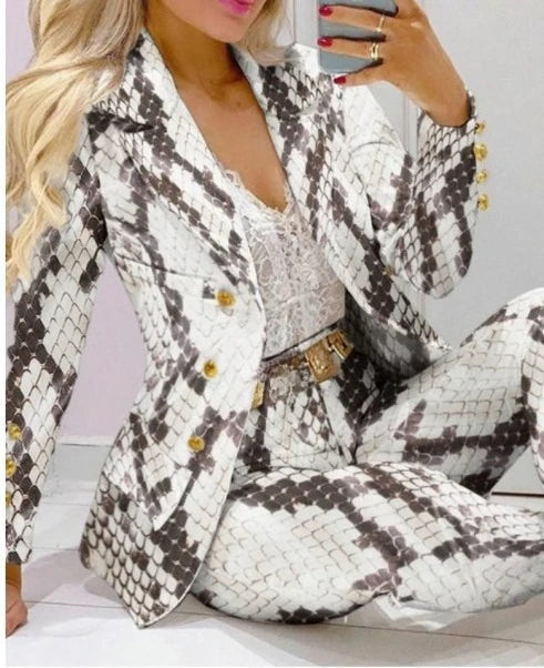 Printed Belted Blazer Pant Set