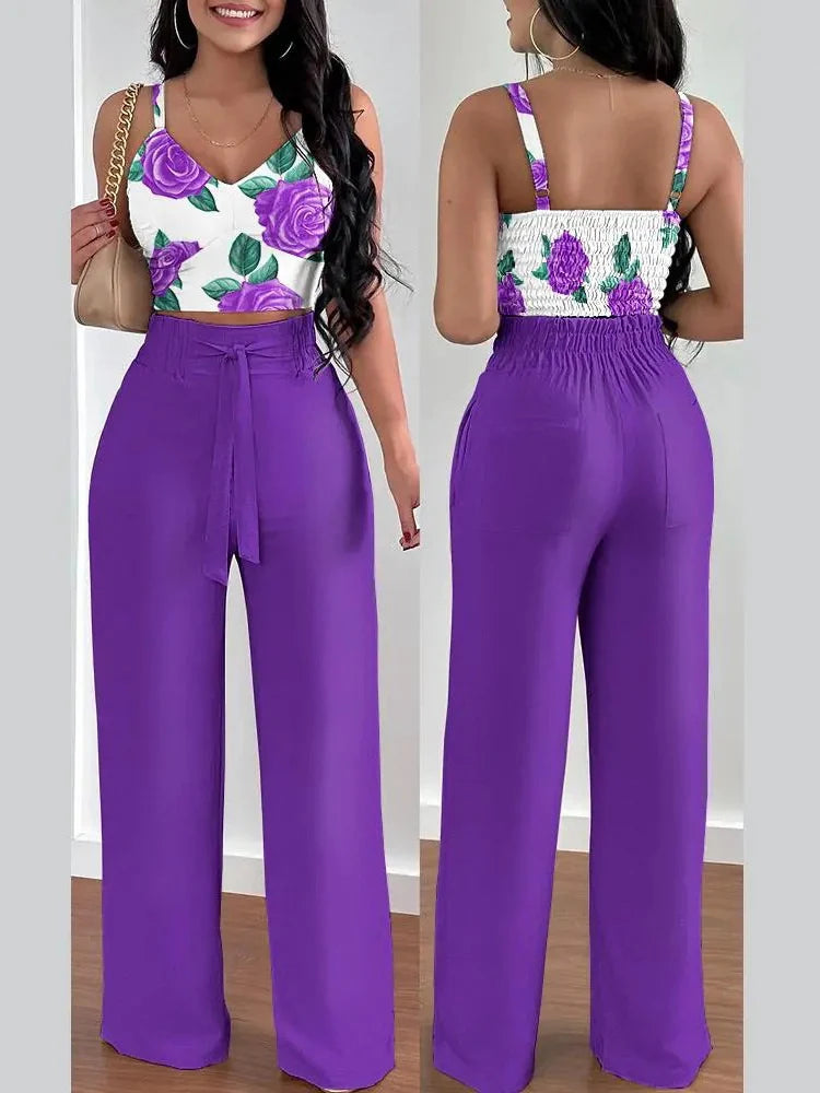 Print Halter V-Neck Backless Tank Suit
