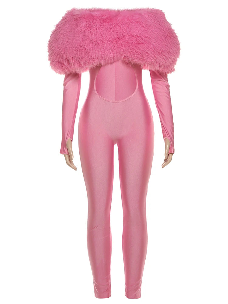 Nibber Hollow Slash Neck Jumpsuits Woman Furry Patchwork Autumn New Trend Sexy Navel Exposed Skinny Peach Hip Hottie Clubwear