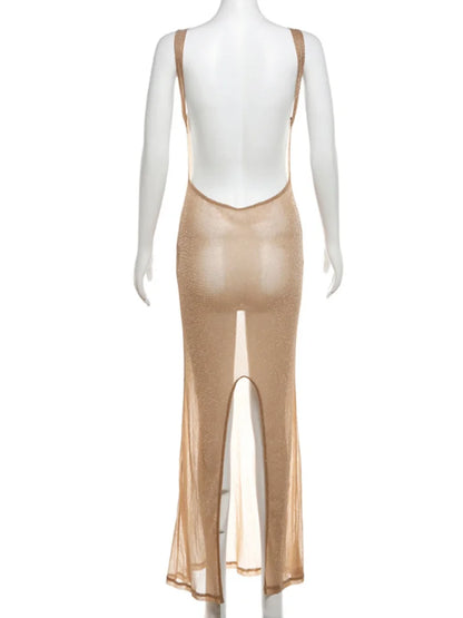 Open-Back Side-Split Metallic Maxi Dress