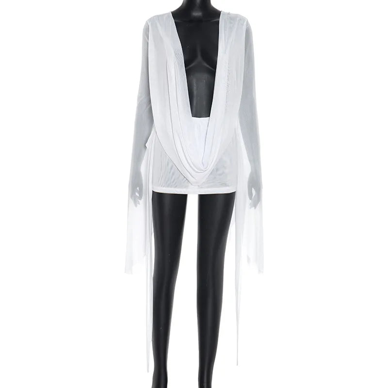 Women Sexy See Through Mesh Mini Dress Deep V-neck Lace Up Backless Flare Long Sleeve Ribbon Party Clubwear Holiday Outfits