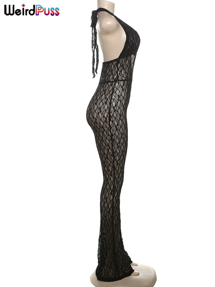 Weird Puss Sexy Mesh Halter Jumpsuit Women Backless Skinny Low-Neck Midnight Birthday Party Clubwear Activity Workout Overalls