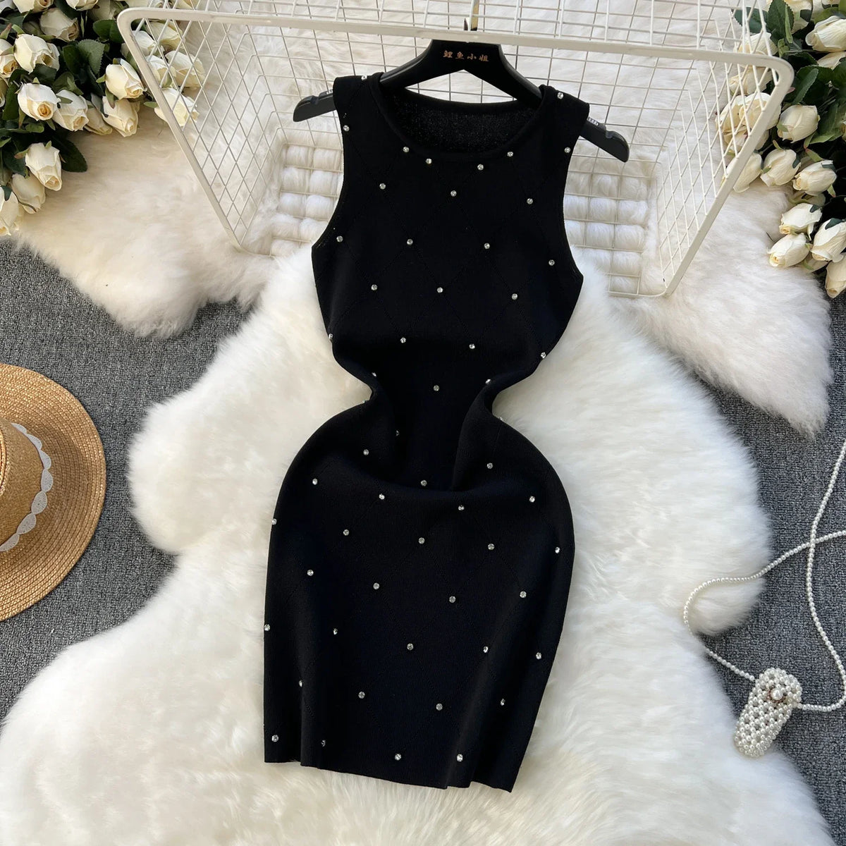 Beading Knitting Sheath Tank Dress Bodycon