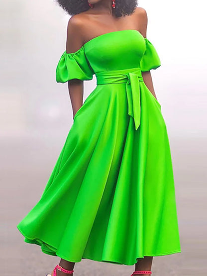Off-Shoulder Belted Midi Dress
