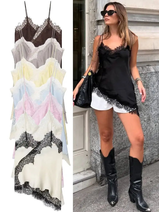 Asymmetrical Lace Backless Slip Top