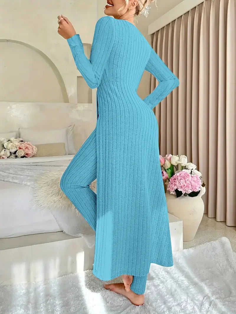 O-Neck Split Top & Slim Trousers Lounge Set