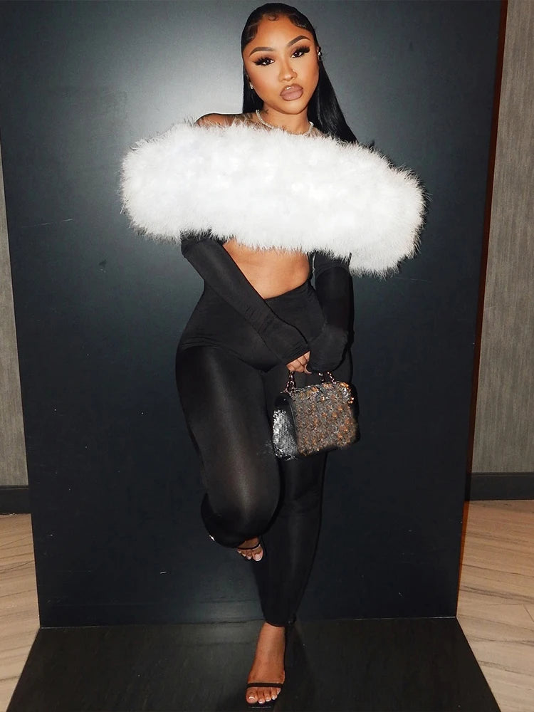 Nibber Hollow Slash Neck Jumpsuits Woman Furry Patchwork Autumn New Trend Sexy Navel Exposed Skinny Peach Hip Hottie Clubwear