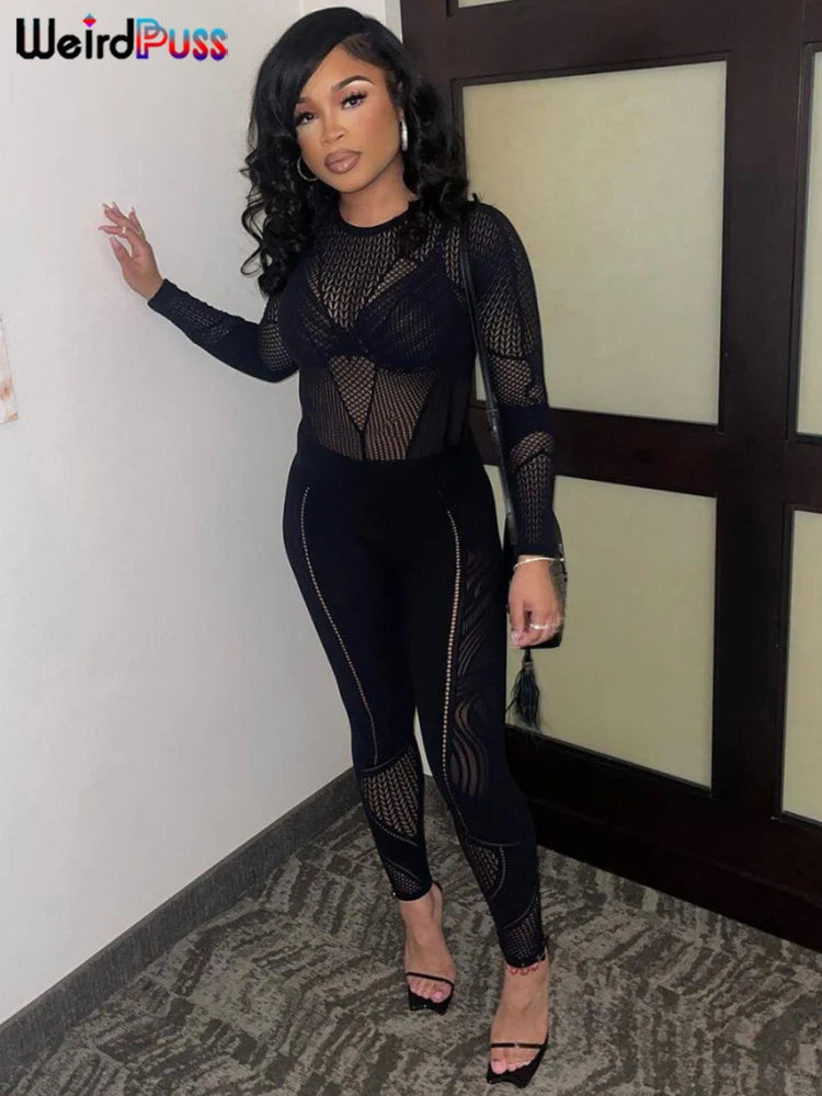 Weird Puss See Through Women Jumpsuits Long Sleeve Hollow Out Hot Girls Sexy Nightclub Dance Party Body-Shaping Coquette Outfits