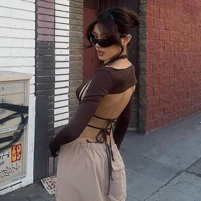 2025 New Dark Y2k Punk Drawstring Bandage Sexy Camis Techwear Backless Long Sleeve Crop Tops Women's Bodycon Summer Streetwear