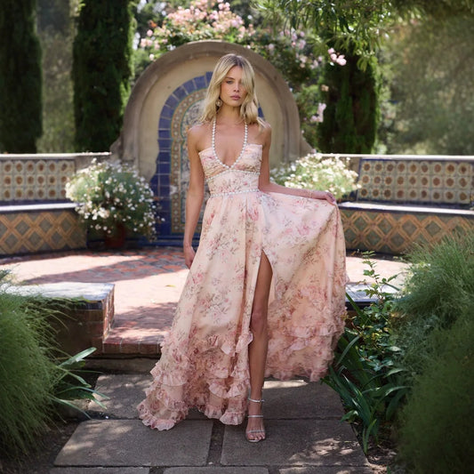Floral Halter Neck Backless Slit Maxi Dress