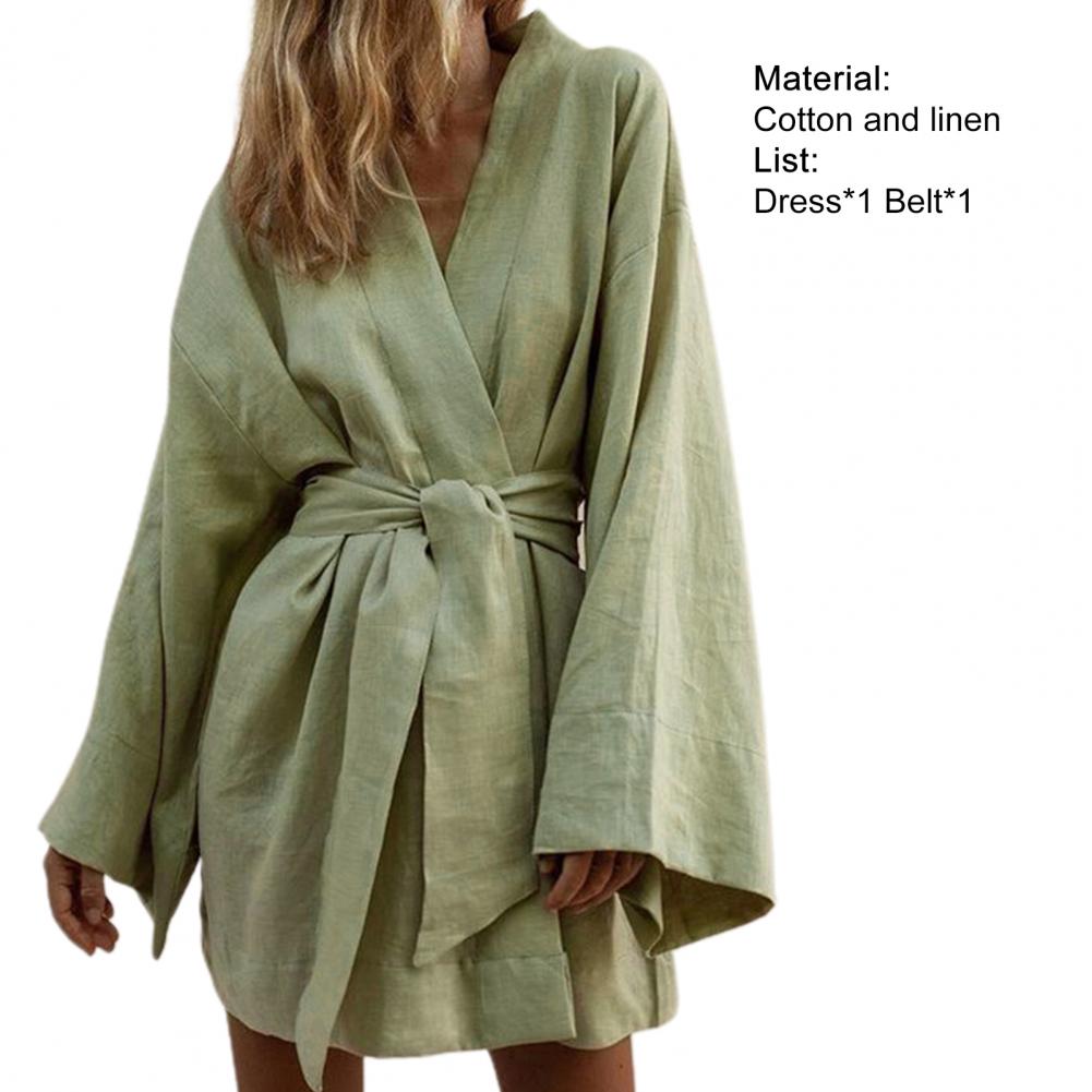 Long Sleeve V Neck Mini Dress Lace Up V Neck Belt Robe Style Short Shirt Dress Comfy Soft Chic Loose Hem Cardigan Dress