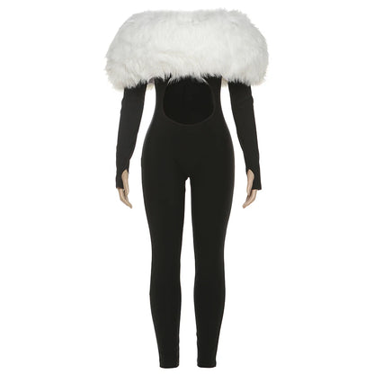 Feather Trim Slash-Neck Jumpsuit