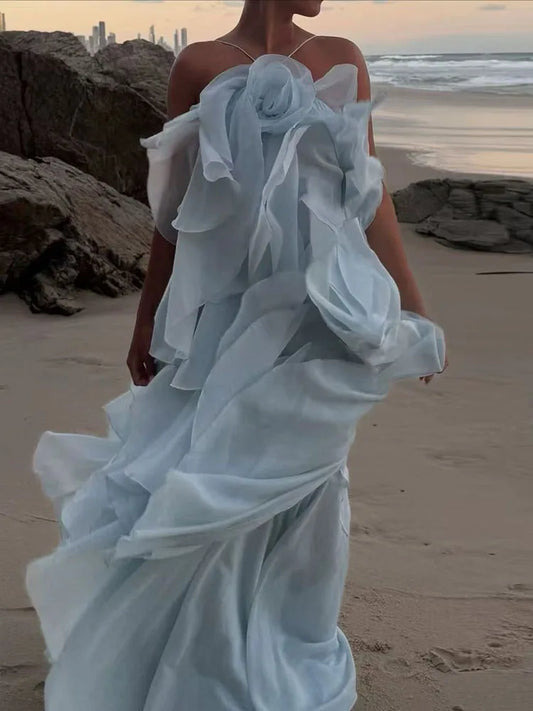 Halter Ruffle Edge Swing Maxi Dress