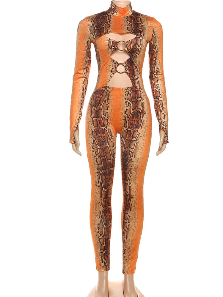Weird Puss Snake Print Jumpsuit Woman Sexy Cirque Hollow Full Sleeve Skinny Fitness Midnight Clubwear Party Coquette Overalls
