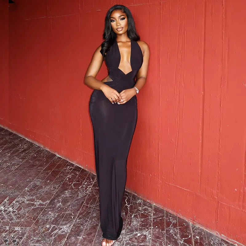 Streetwear Halter Neck Slim Long Dresses Women Sexy Hot Girls Deep V-neck Backless Leace-up Package Hip Bodycon Party Dress