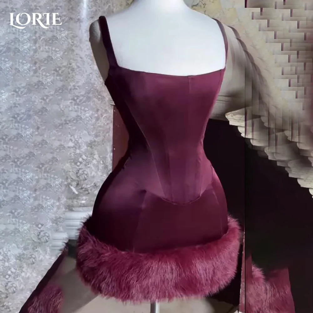LORIE Burgundy Mini Cocktail Party Gowns Sexy Spaghetti Straps Fur Square Neck Dubai Evening Dresses Saudi Arabia Clubbing Dress