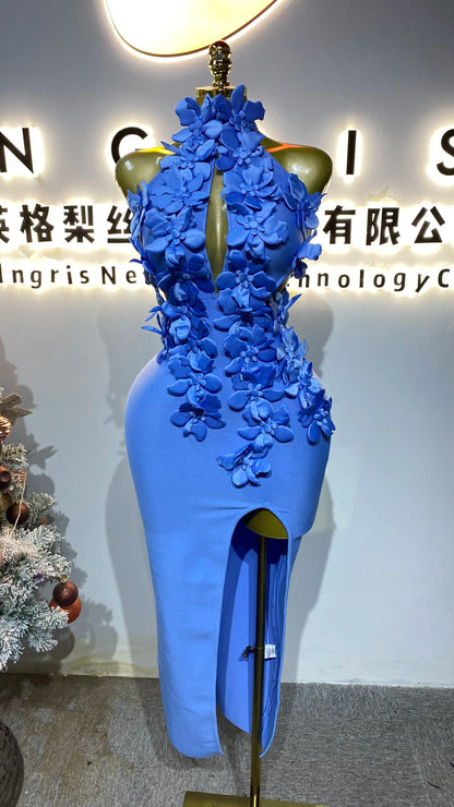 3D Floral High-Waist Slit Dress