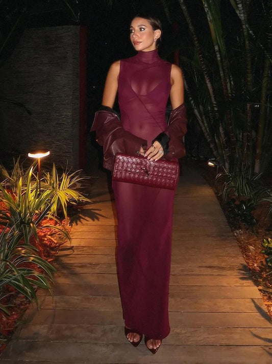 kliou Mesh Sheer Stunning Dress Women Coquette Midnight Sleeveless Stand Collar Straight Maxi Bodycon Lady Party Clubwear Robe