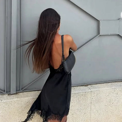 Black Satin Asymmetrical Lace Slip Dress