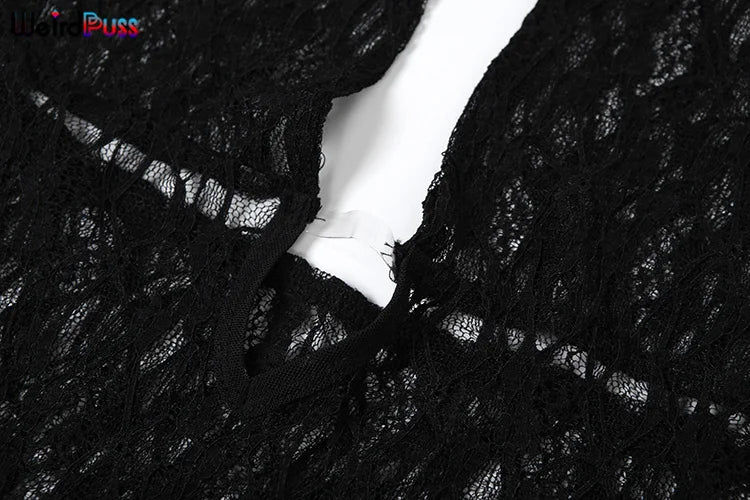 Weird Puss Sexy Mesh Halter Jumpsuit Women Backless Skinny Low-Neck Midnight Birthday Party Clubwear Activity Workout Overalls