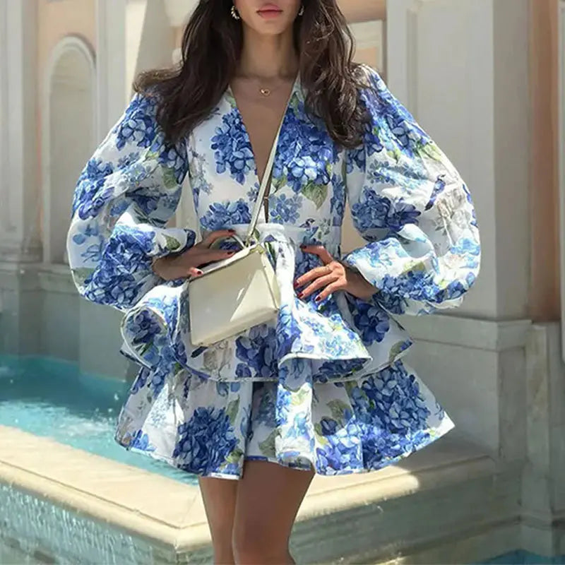 Floral Puff Sleeve Ruffle Mini Dress