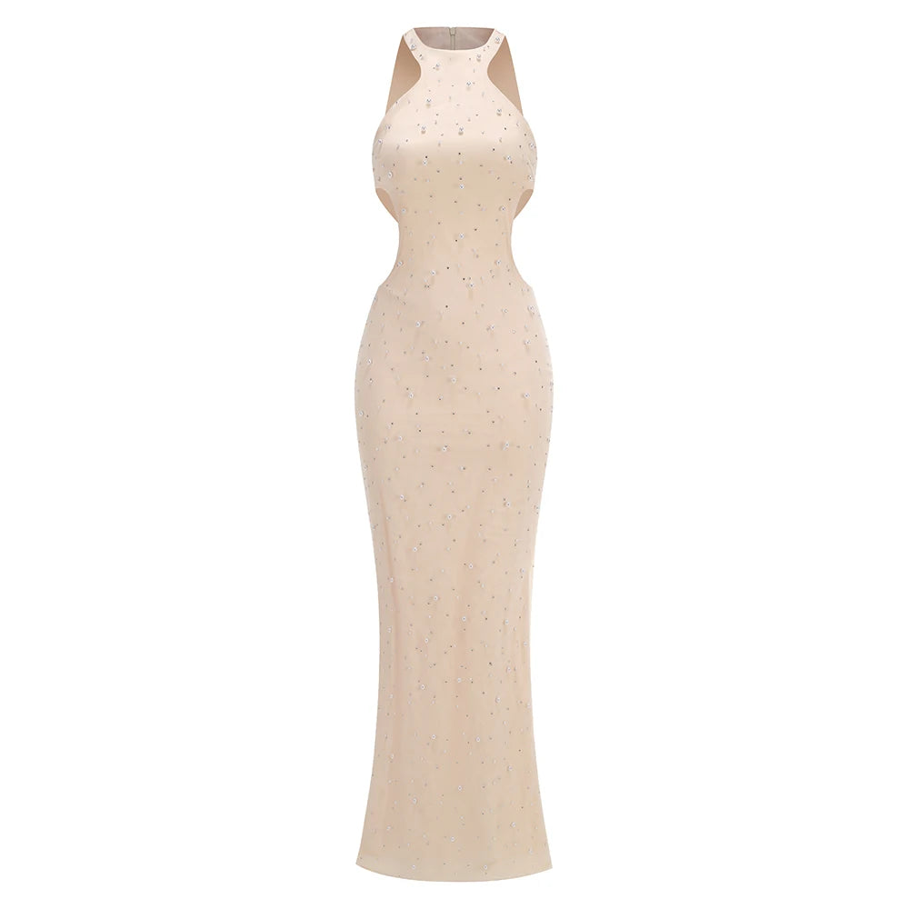 PB Elegant Beige Beaded Cut-Out Pearl Long Dresses Sexy Sleeveless High Waist Slim Party Evening Gown Vestidos