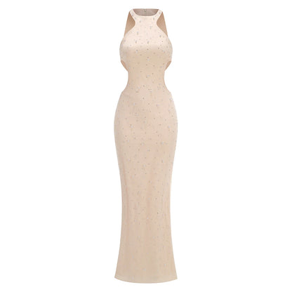 PB Elegant Beige Beaded Cut-Out Pearl Long Dresses Sexy Sleeveless High Waist Slim Party Evening Gown Vestidos