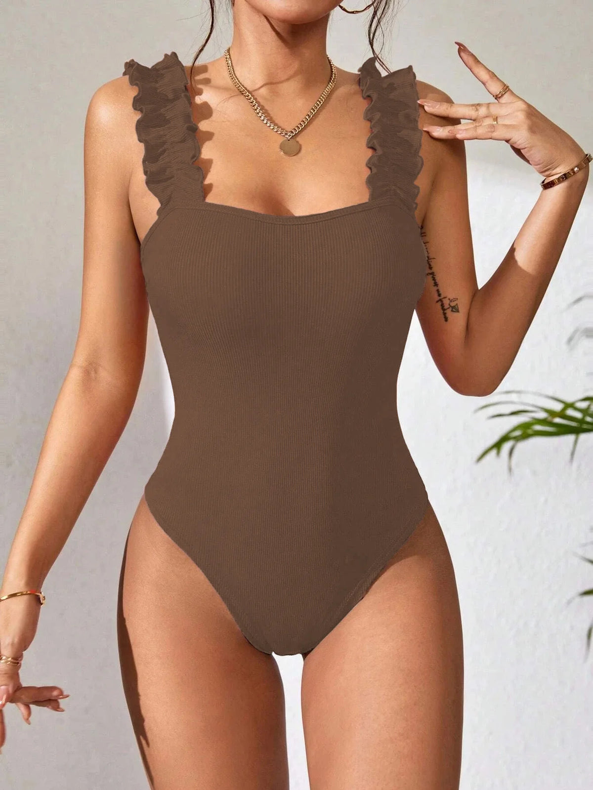 Bodysuits Square Collar Solid Black Knit