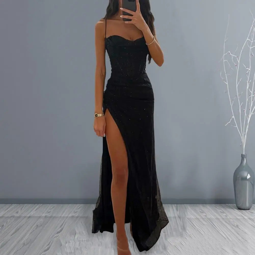 Woman Spring Summer Bodycon Dress Sexy Shiny Sequins Spaghetti Strap Split High Waist Dress Lady Prom Dress Evening Dresses