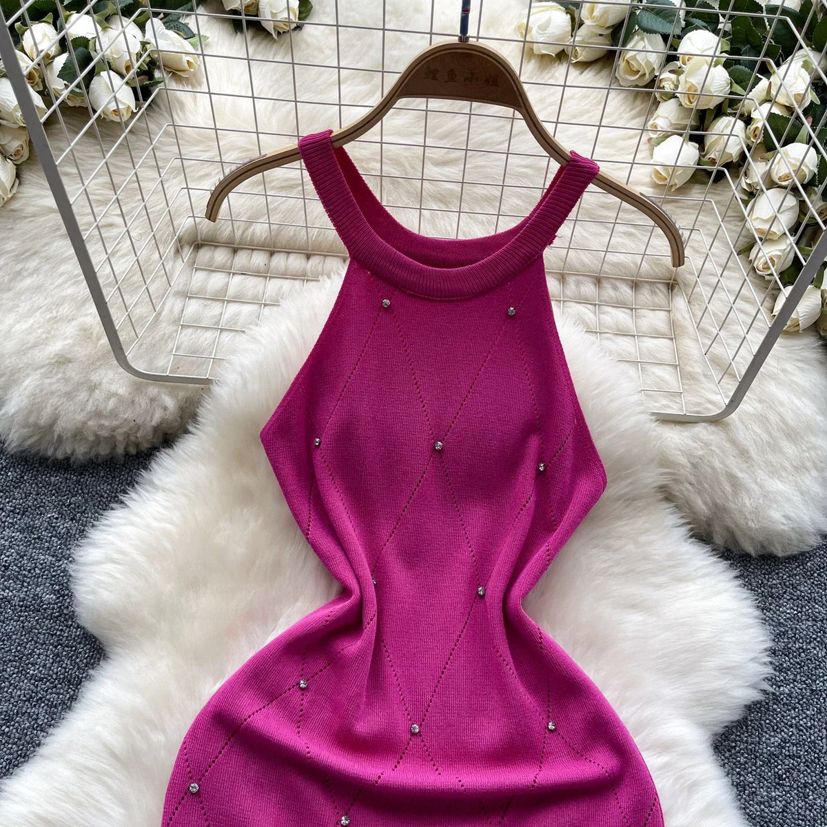 Beaded Halter Knit Bodycon Mini Dress