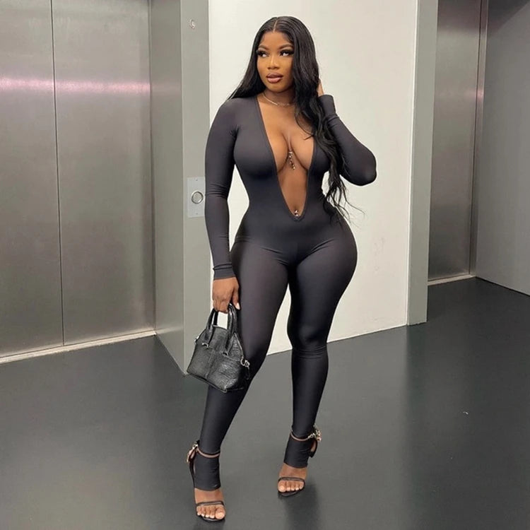 STYLISH LADY Cut Out Jumpsuits 2025 Autumn Women Long Sleeve V Neck Backless Bodycon Sexy Club Party Rompers Jumpsuits