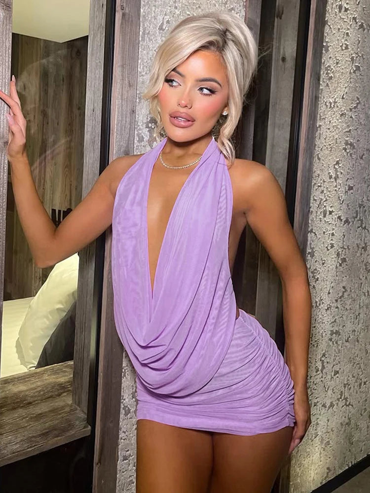 kliou Mesh Swinging Pleated Women 2 Piece Set Summer Solid Simple Halter Backless Chic Tops+Shirring Mini Skirts Coordinate Suit