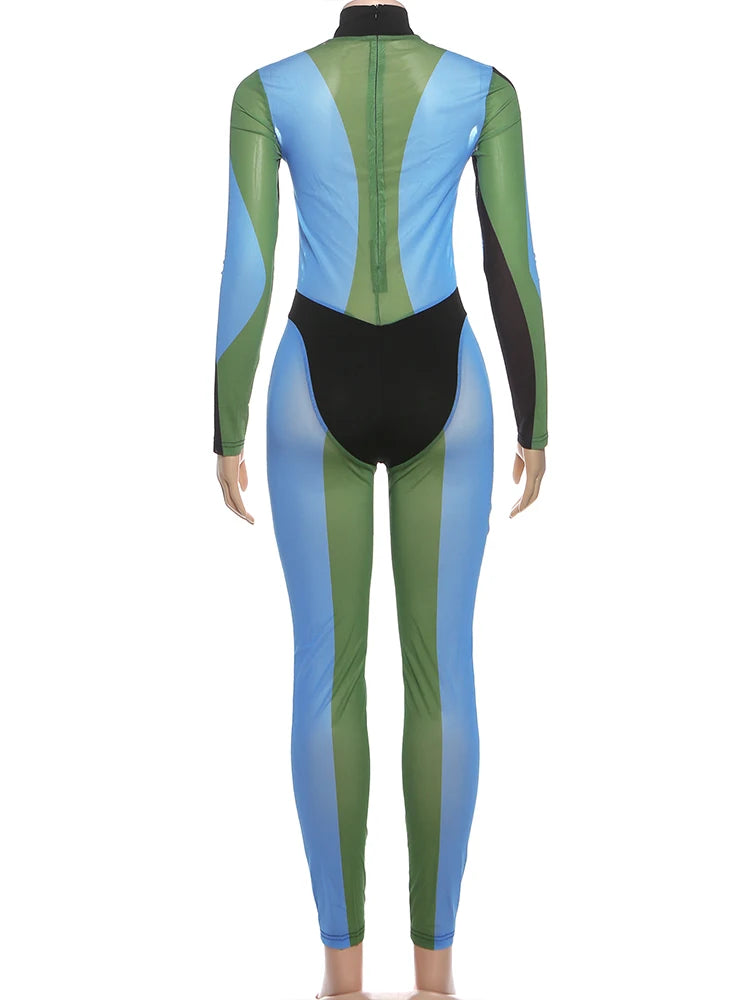 Nibber Colorful Print Jumpsuits Woman Turtleneck Full Sleeve Sexy See Through Skinny Peach Hip Hottie Street Fashion Overalls