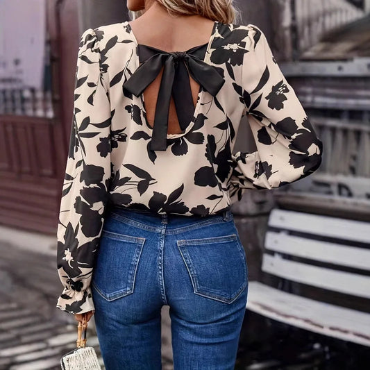 Blouse Top Flower Print Backless Lace