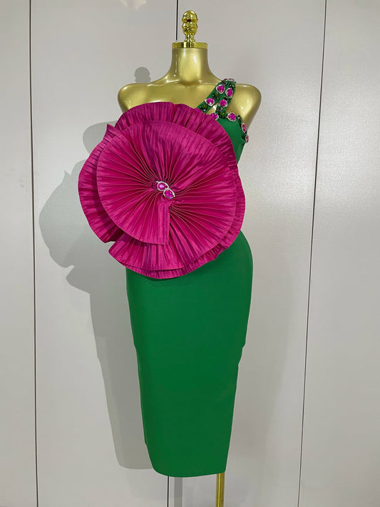 Crystal One-Shoulder Floral Bandage Dress
