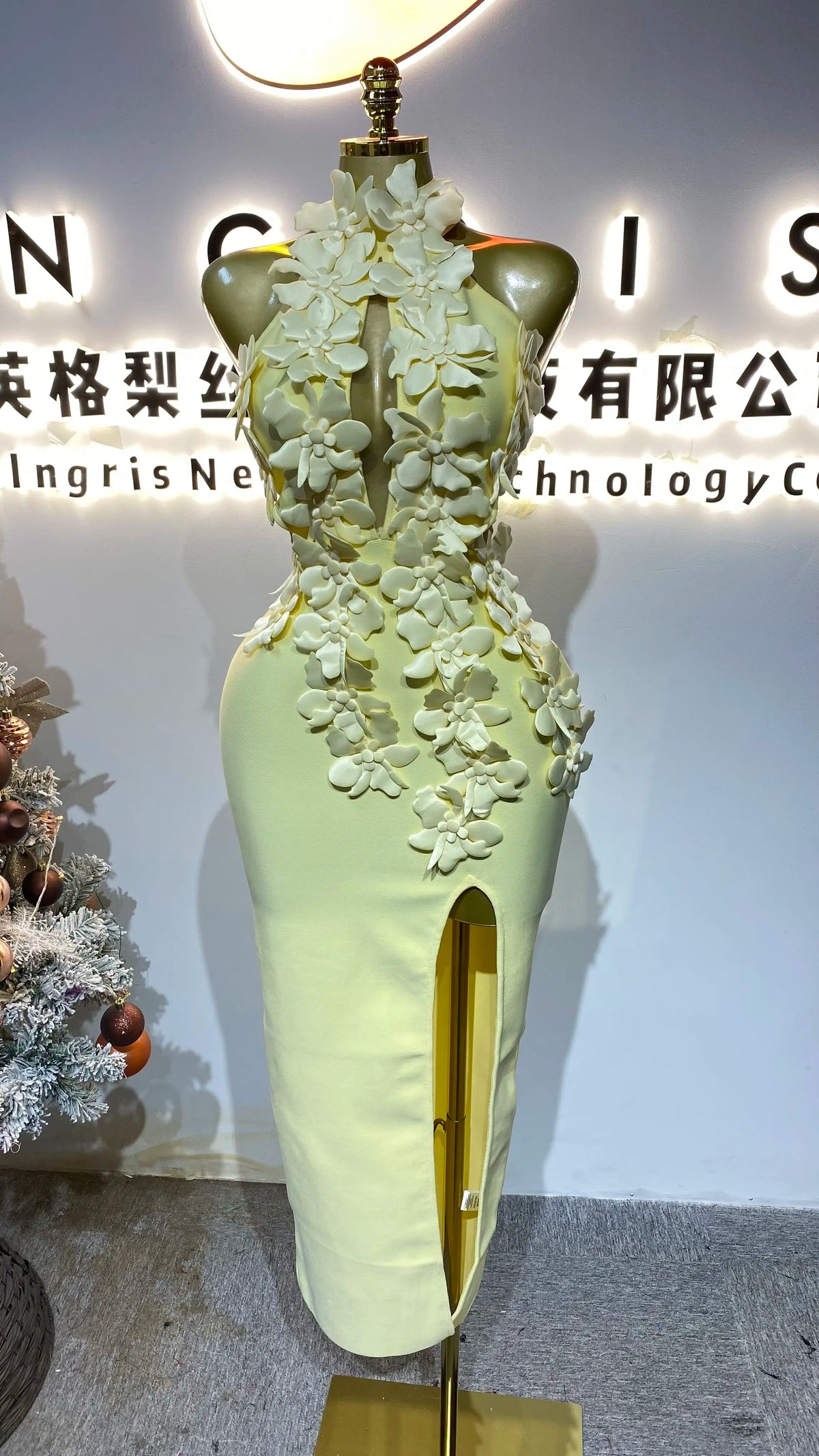 3D Floral High-Waist Slit Dress