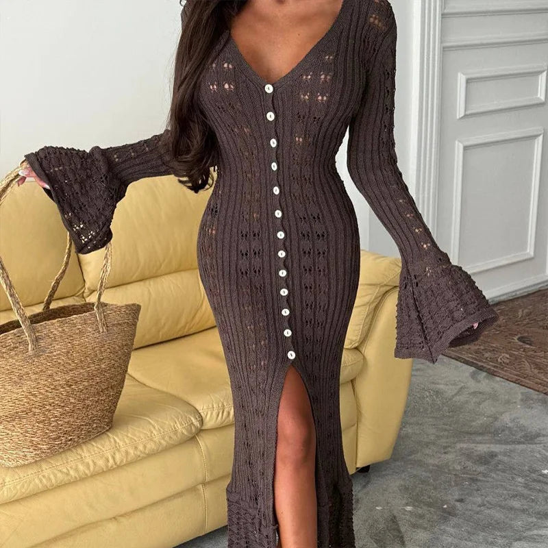 Casual Knit Maxi Dress V Neck