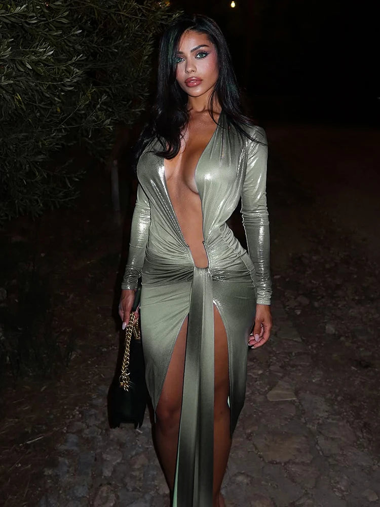 Weird Puss Sexy Silky Split Dress Women Irregular Ribbon Gradient Color Deep V-Neck Coquette Hottie Street Elegant Slim Bodycon