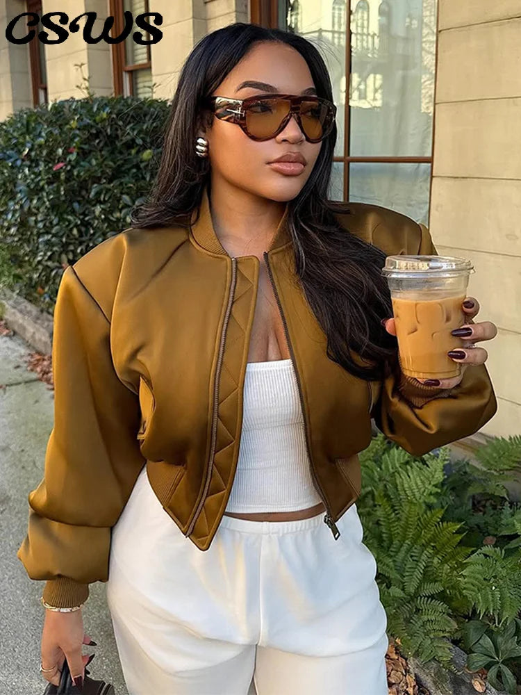 Shoulder-Padded Zip Blazer Jacket
