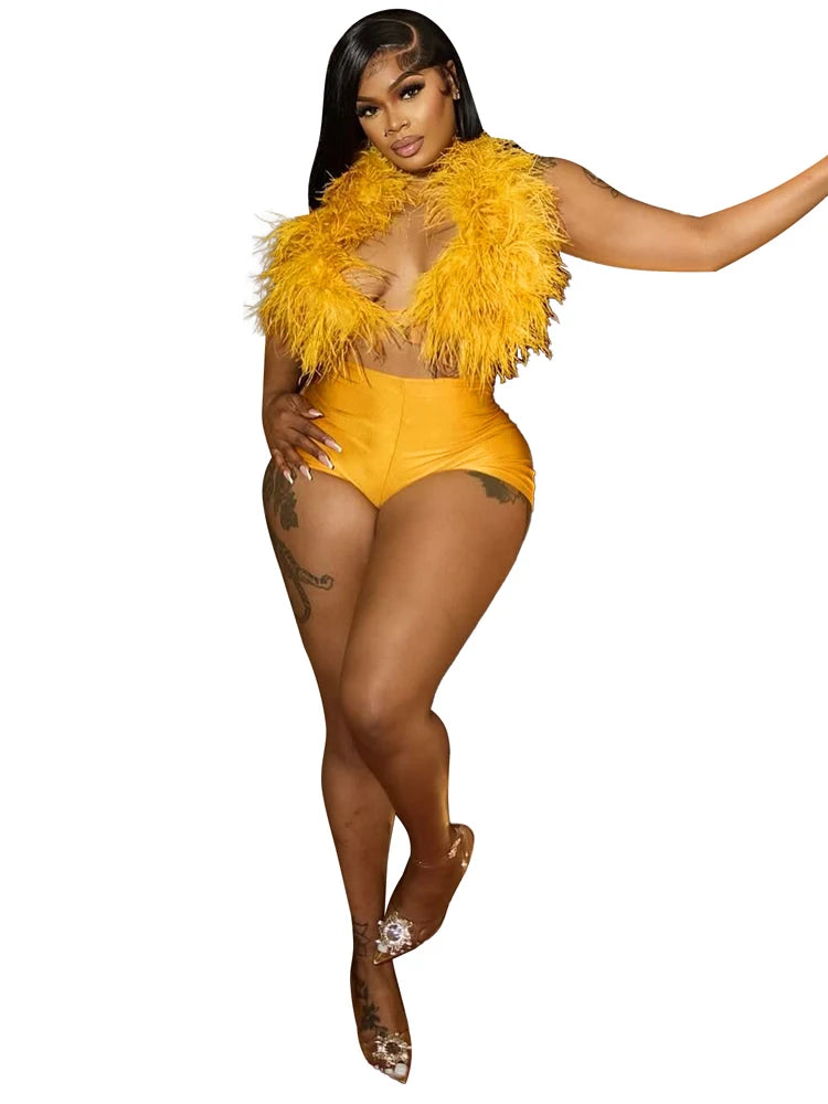 Luxury Fur Patchwork 2 Pieces Set for Woman Outfit Summer 2025 New Tank Top and Stretch Shorts Midnight Club Wear Party Suits