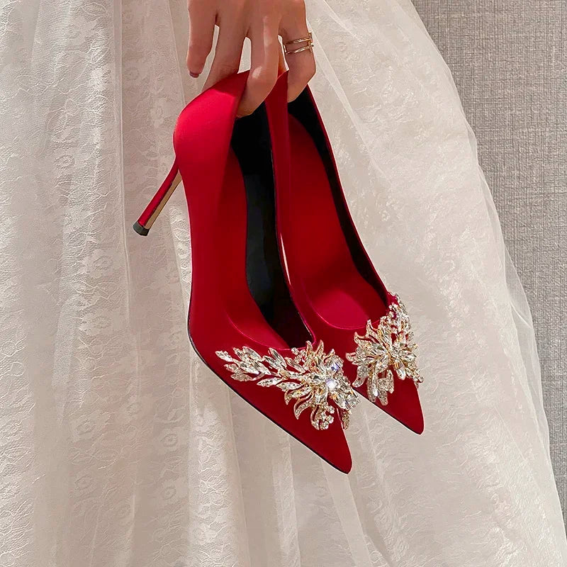 2024 Spring Summer Autumn New Wedding Shoes Red High Heels  Slim Heels Korean Version Pointed Toe Bride Shoes High Heels