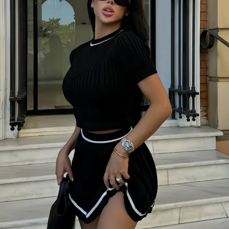 Y2K Short-Sleeve Top & Pleated Mini Skirt Set