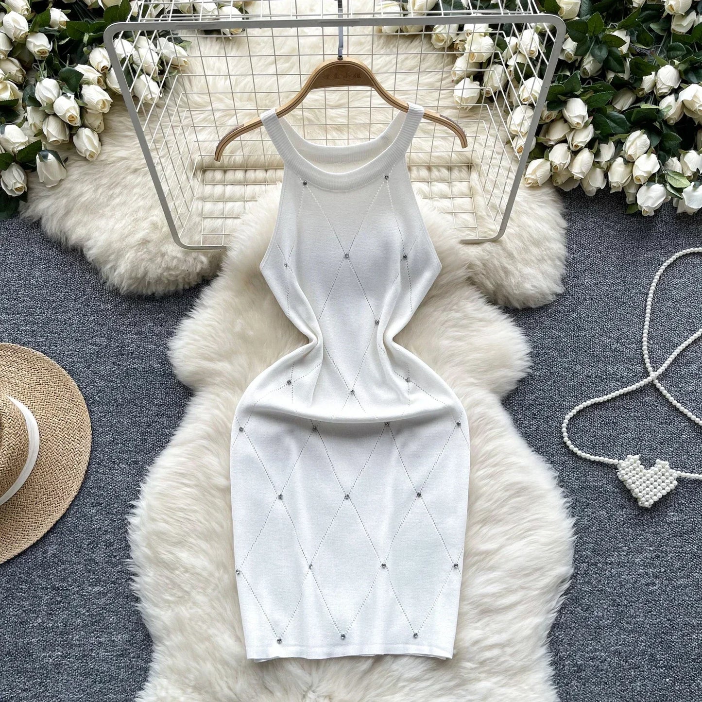 Beading Halter Women's Knitting Sheath Tank Dress Female Bodycon Knitted Camisole Sleeveless Mini Dresses For Woman Outfits