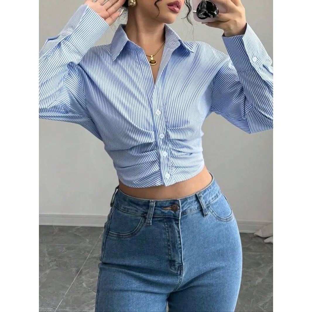 Striped Shirt Ruched Folds Long Sleeve