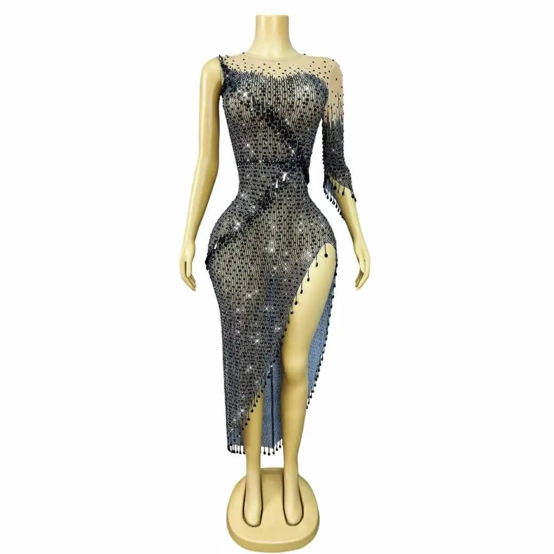 Luxury Black Beaded Sequin Dress One-Shoulder