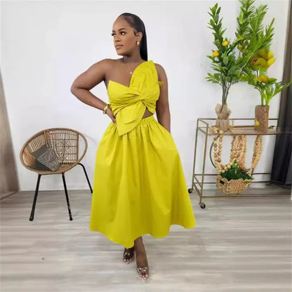 Draped Bow Strapless A-Line Maxi Dress