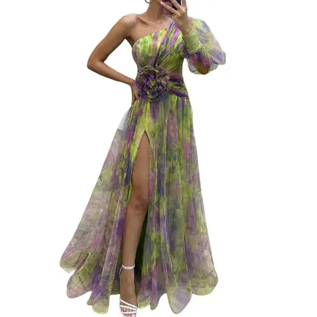Formal Party Dress One Shoulder Tie-dye