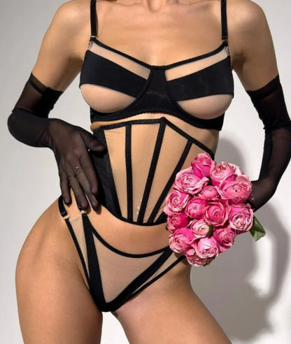 Transparent Lace Lingerie Set with Thong