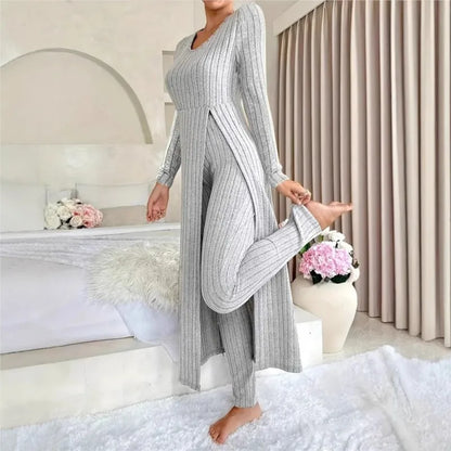 O-Neck Split Top & Slim Trousers Lounge Set
