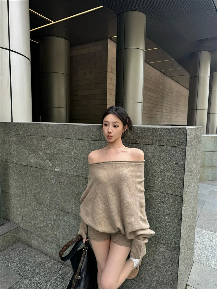 One-Shoulder Sweater & Mini Shorts Set